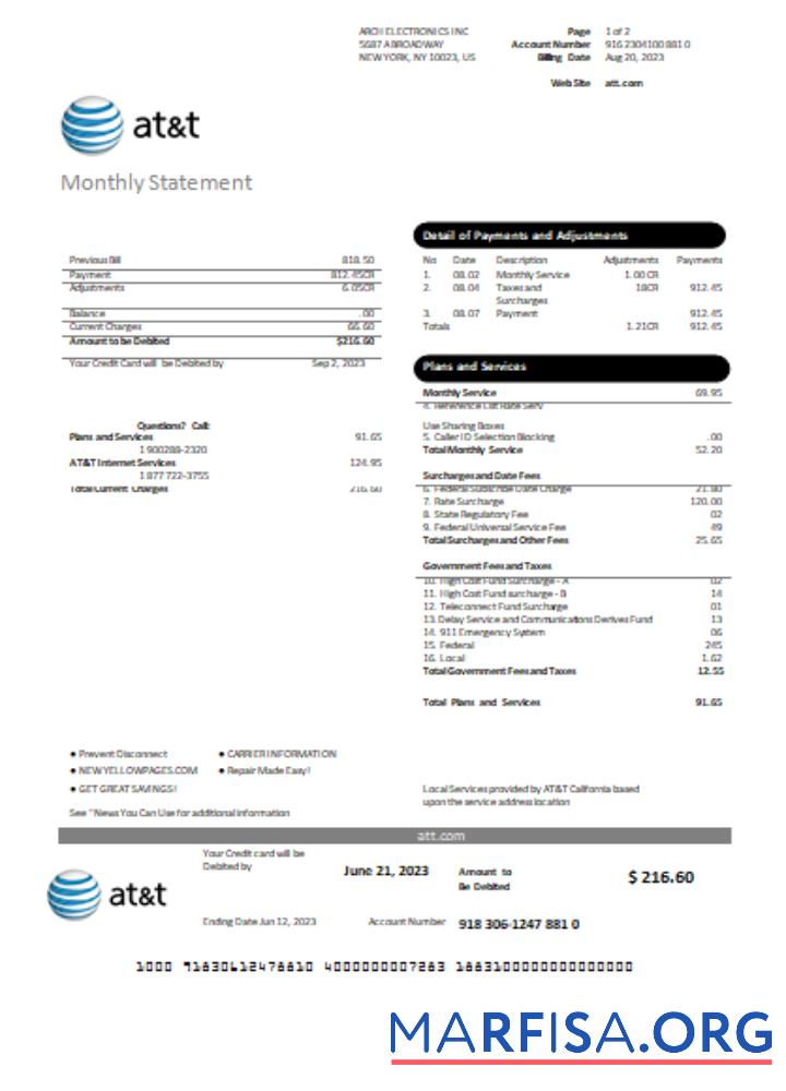 Printable Texas AT&T telecommunications utility business bill, page 1, SCR real example